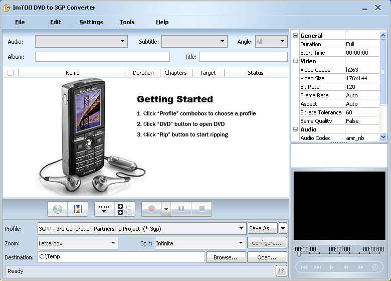 Screenshot of ImTOO DVD to 3GP Suite