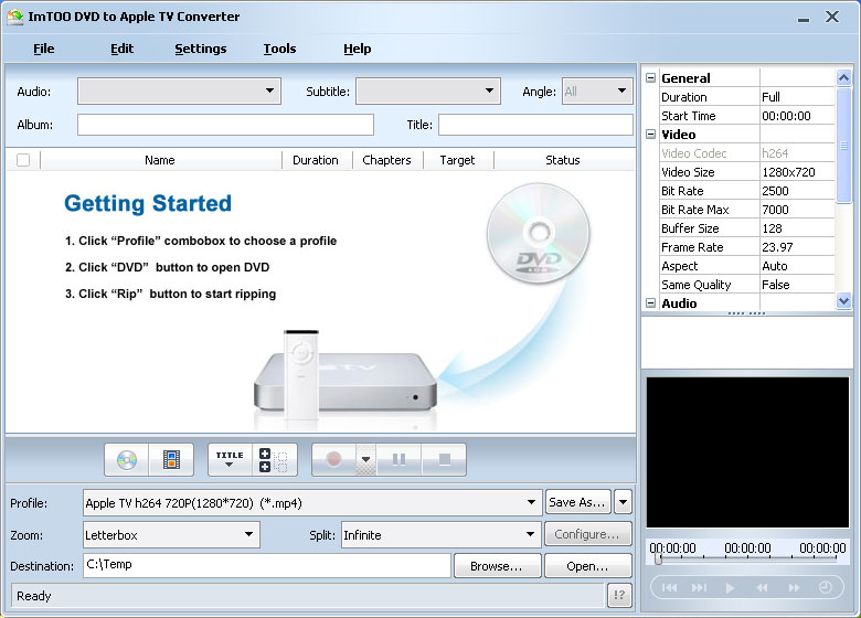 Screenshot of ImTOO DVD to Apple TV Converter