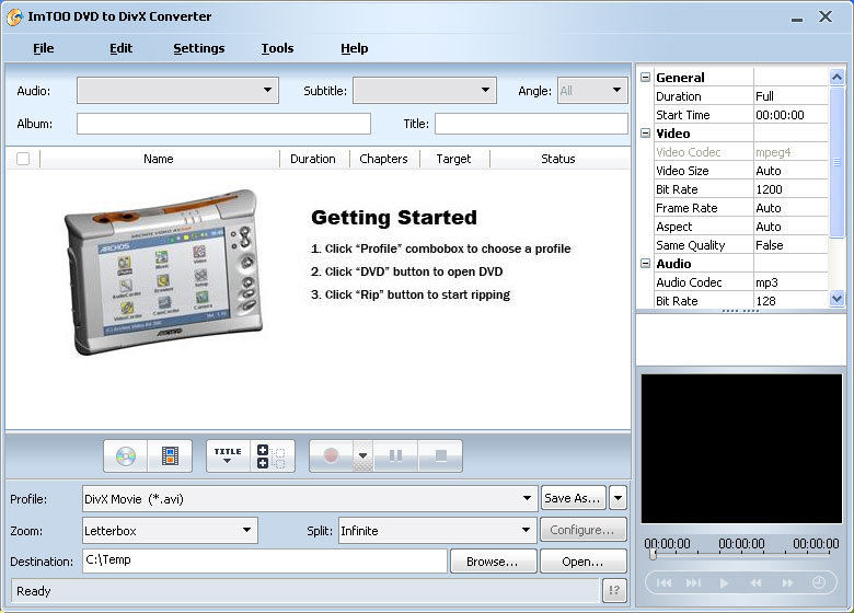 Screenshot of ImTOO DVD to DivX Converter