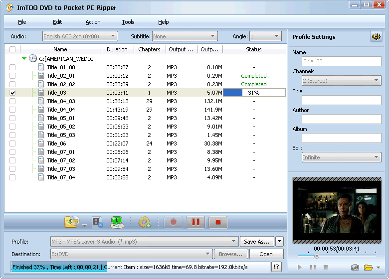 Screenshot of ImTOO DVD to Pocket PC Ripper