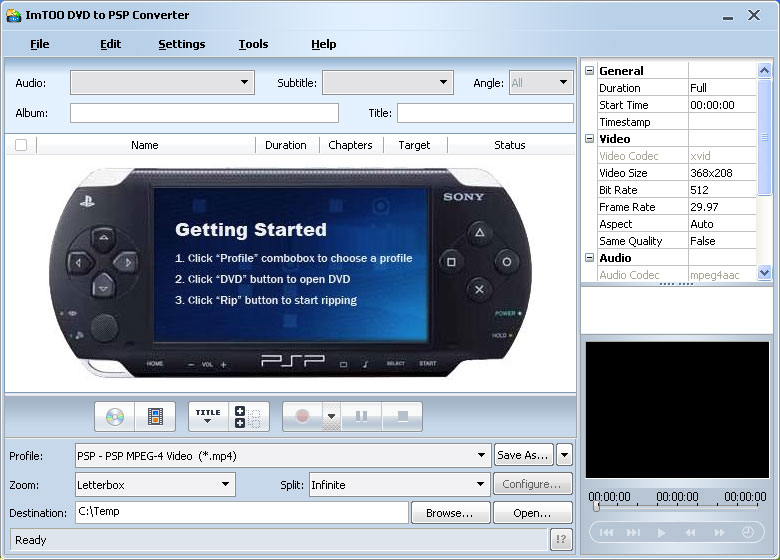 Screenshot of ImTOO DVD to PSP Converter
