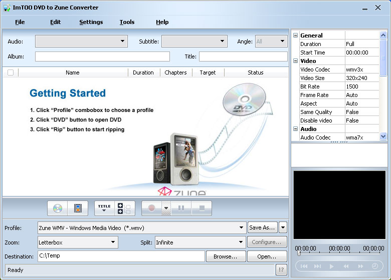 Screenshot of ImTOO DVD to Zune Converter