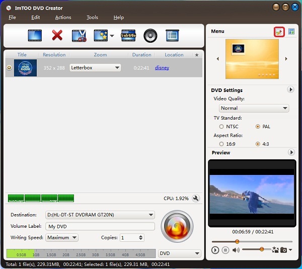 Burn MPEG4 to DVD - Menu