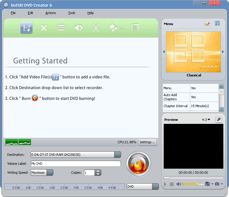 Create DVD movie, DVD folder or ISO file from various video files.