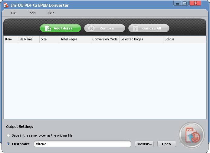 ImTOO PDF to EPUB Converter 1.0.1.0820 screenshot