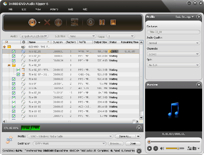 DVD Audio Ripper is a DVD audio extractor and DVD to MP3 ripper, which can extract audio from DVD and rip DVD audio to MP3, WMA, WAV, AAC, AC3, OGG, RA and AU formats. It supports IFO files and ID3 tag.