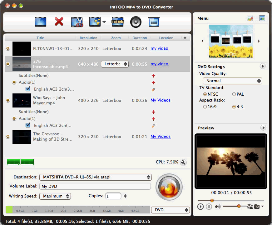 ImTOO MP4 to DVD Converter for Mac 6.2.4.0706 full