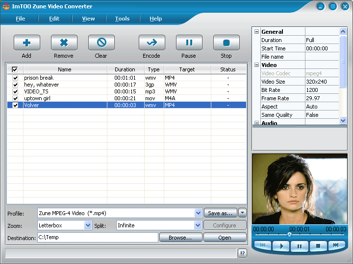 Screenshot of ImTOO Zune Video Converter